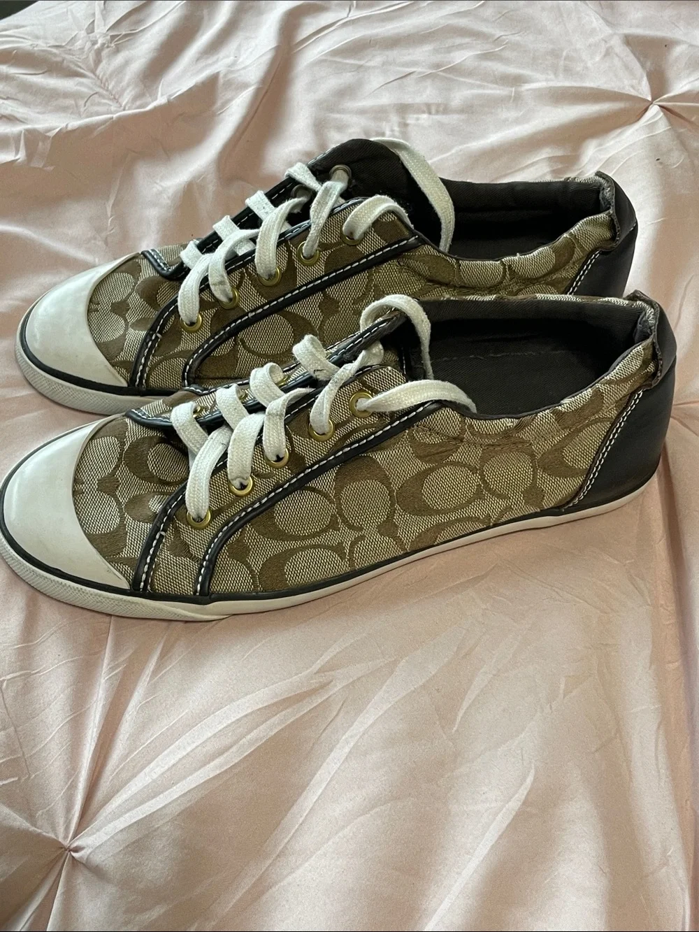 Coach Barrett Khaki Monogram Canvas Sneakers Leather Black Trim Size 10.5